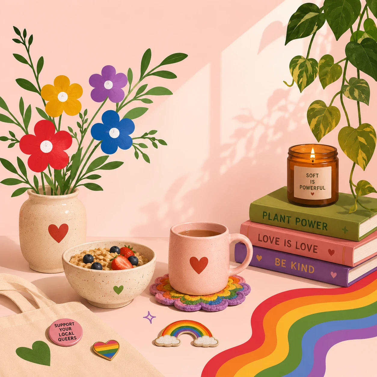 A colorful breakfast scene with flowers, oats, tea, houseplants, pride rainbows, and books celebrating love and kindness