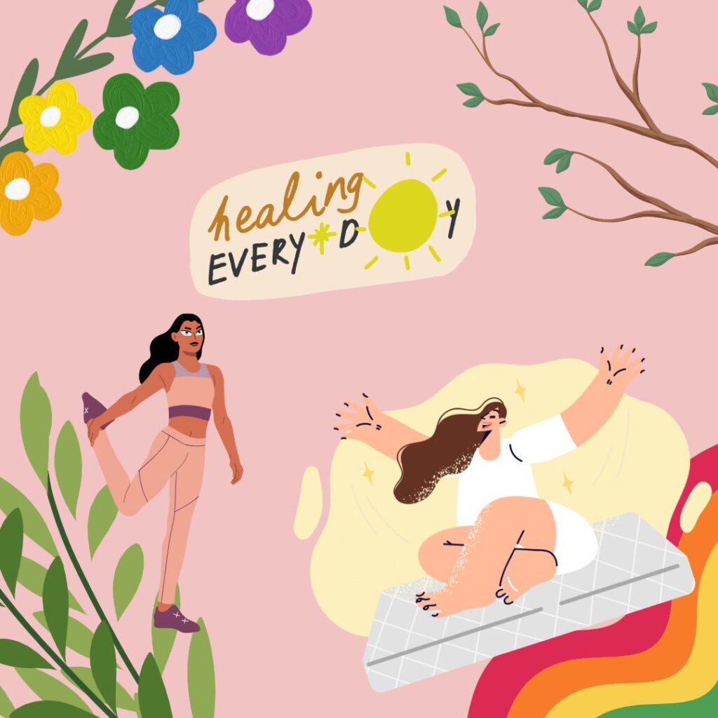 queer affirmations picture with healing everyday text. someone who wakes up en someone stretching a leg.